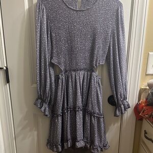 Entro Blue Polka Dot Long Sleeve Smocked Top Open Back Mini Dress